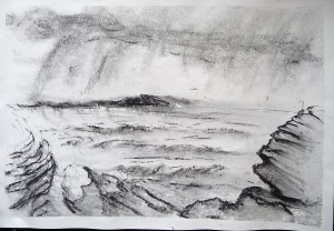 Stormy Sea.Sold. 'Stormy Sea. Ardban'. Charcoal on 31x22" paper. Rose Strang 2019