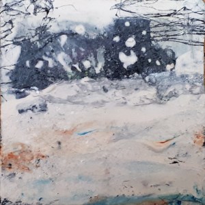'Winter Miniatures. Blizzard'. Mixed media on 3x3" wood. Rose Strang 2019