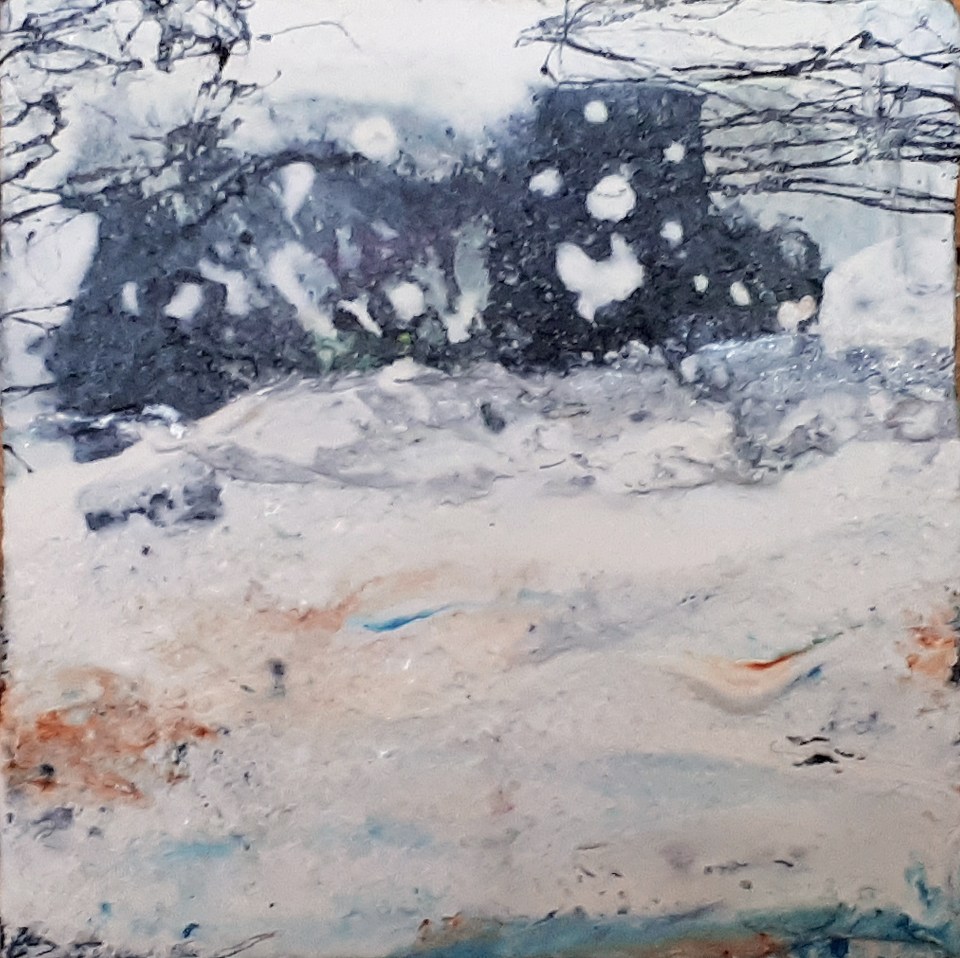 'Winter Miniatures. Blizzard'. Mixed media on 3x3" wood. Rose Strang 2019