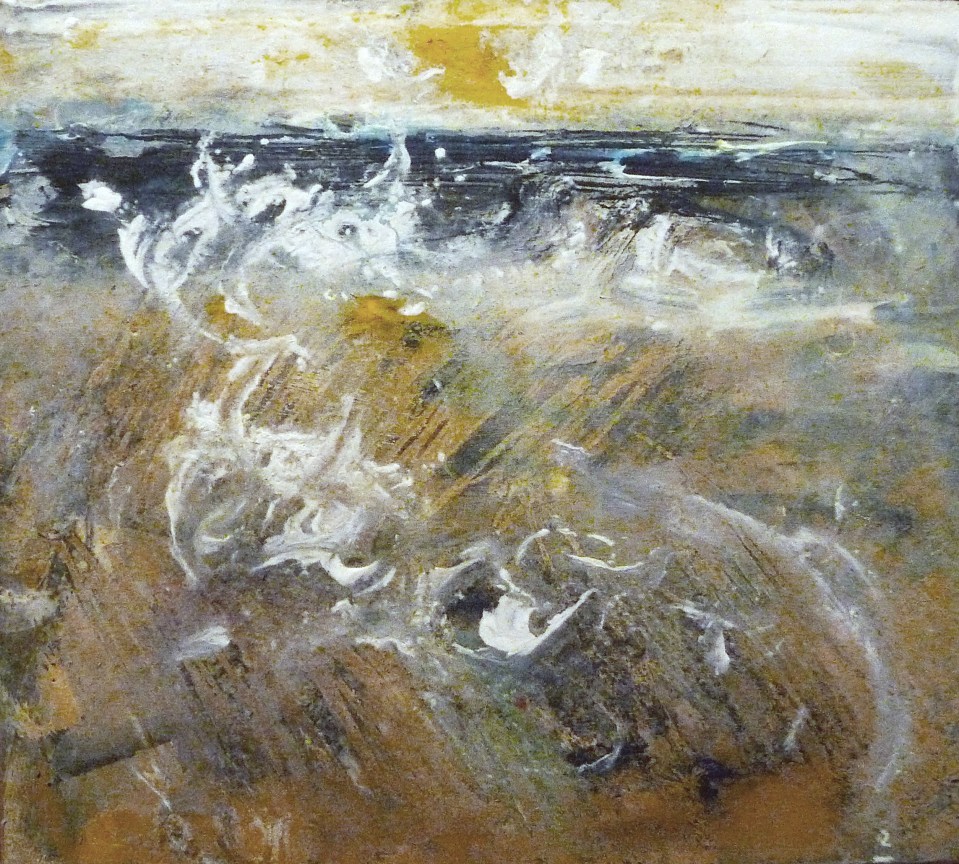 'Aberlady 2'. Mixed media on 5x6" wood. Rose Strang 2020