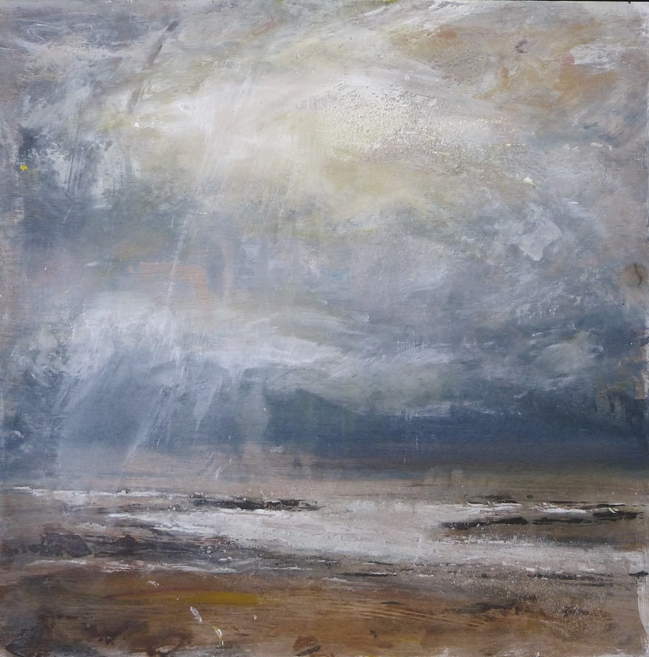 'Aberlady Bay. Dusk'. Mixed media on 13x132 wood panel. Rose Strang 2020.