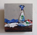 'Postcard From ... mY Livingroom. Covid19'. Mixed media on 3x3 inch wood block. Rose Strang 2019. £38