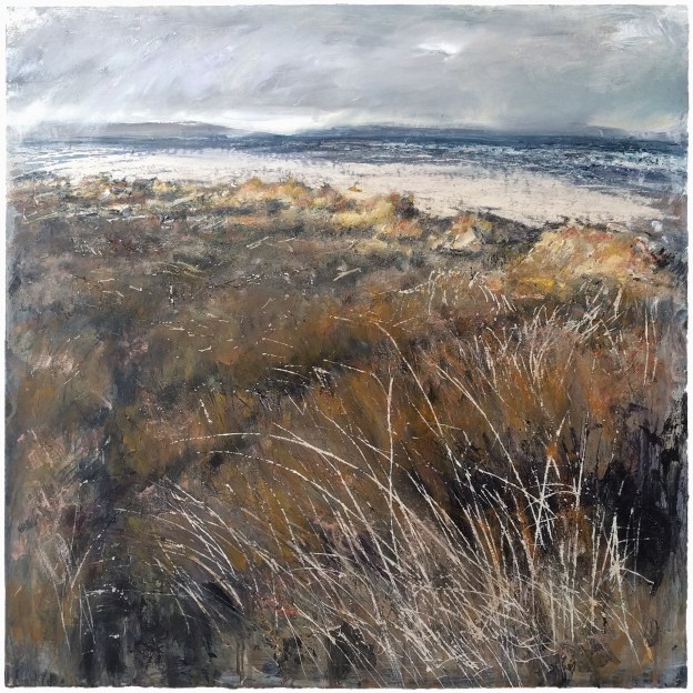 'Aberlady Dunes'. Mixed media on 30x30 inch wood panel. Rose Strang April 2020. (Private Commission, NFS).