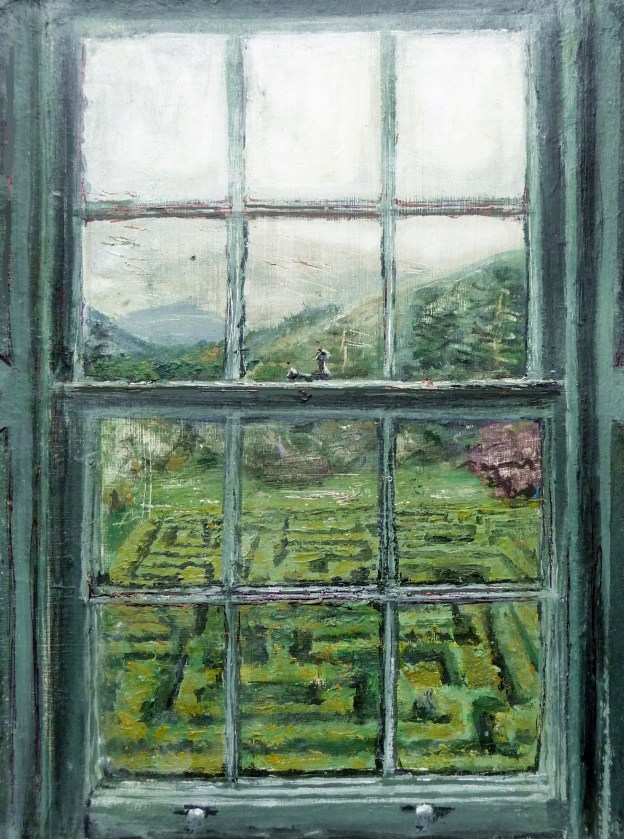 'Labyrinth'. Mixed media on 7.5 x 6.5 inches. Rose Strang, April 2020