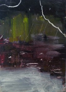 'Water of Leith. 7'. Oil on 7x5" wood. Rose Strang, May 2020.