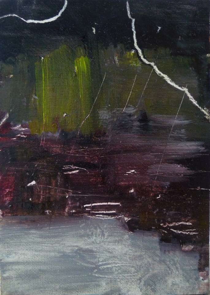 'Water of Leith. 7'. Oil on 7x5" wood. Rose Strang, May 2020.