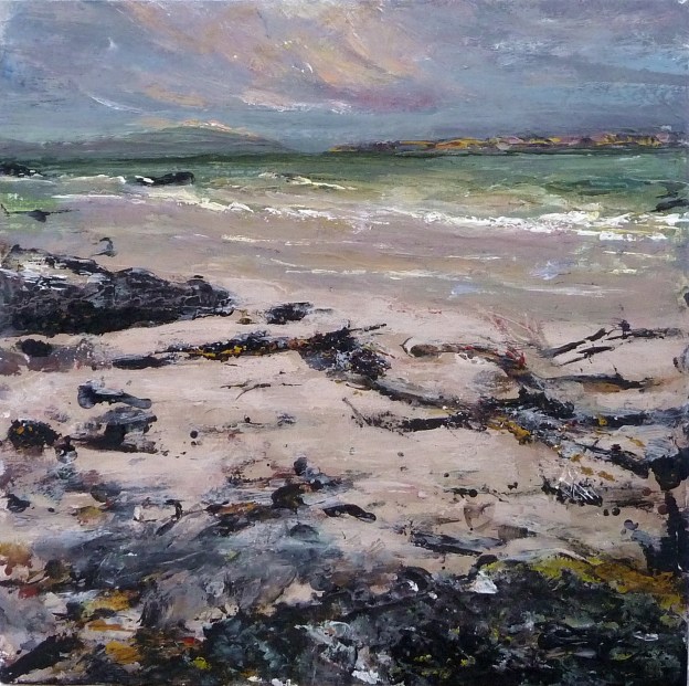 'Traigh Bhan. Early Evening. Iona'. Mixed media on 12x12 inch wood board. Rose Strang 2020