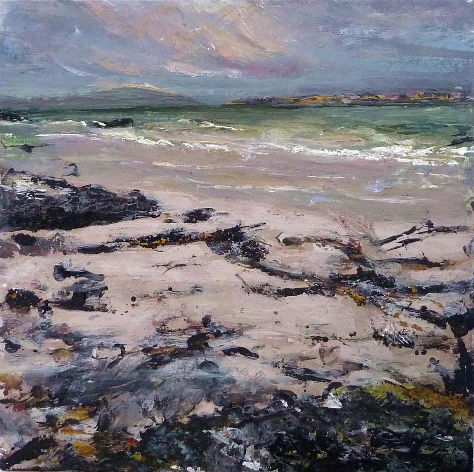 'Traigh Bhan. Early Evening. Iona'. Mixed media on 12x12 inch wood board. Rose Strang 2020