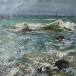 'Traigh Bhan. Waves. Iona'. Mixed media on 12x12 inch wood board. Rose Strang 2020