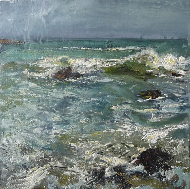 'Traigh Bhan. Waves. Iona'. Mixed media on 12x12 inch wood board. Rose Strang 2020