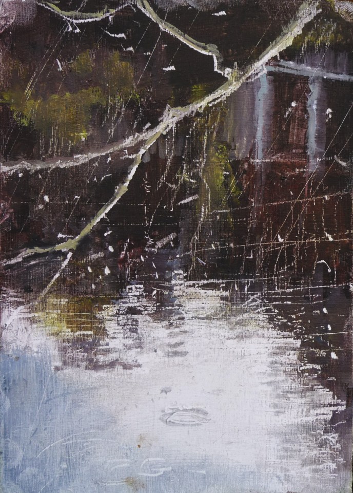 'Water of Leith. 3'. (Diptyque). Oil on 7x5" wood. Rose Strang, May 2020.