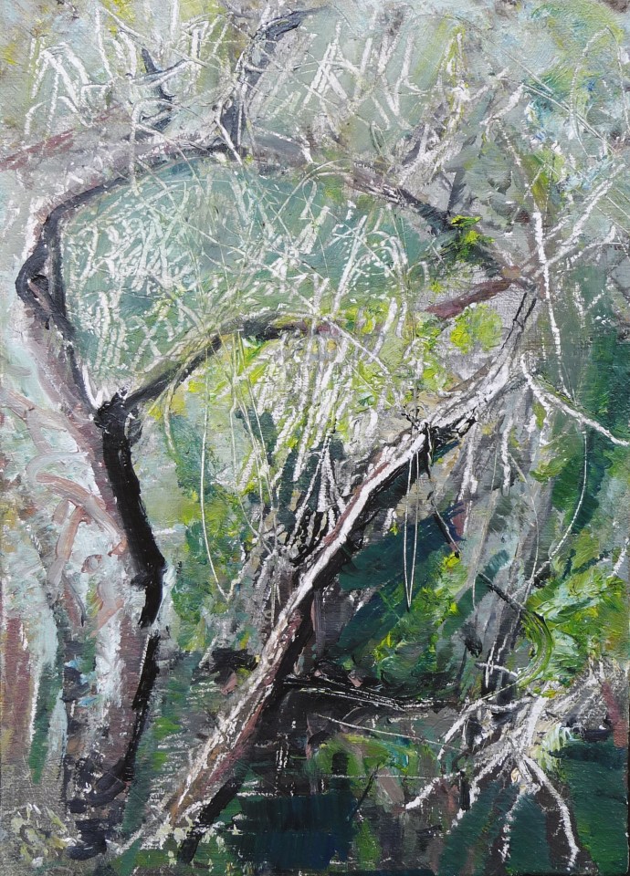 'Water of Leith. 4'. (Diptyque). Oil on 7x5" wood. Rose Strang, May 2020.