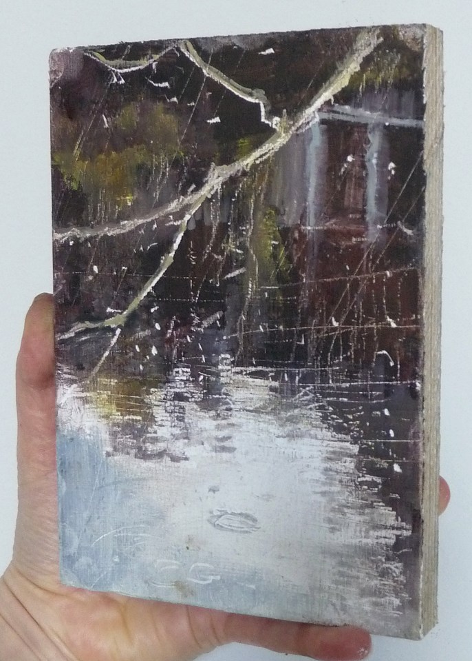 (To show size) 'Water of Leith. 3'. (Diptyque). Oil on 7x5" wood. Rose Strang, May 2020.