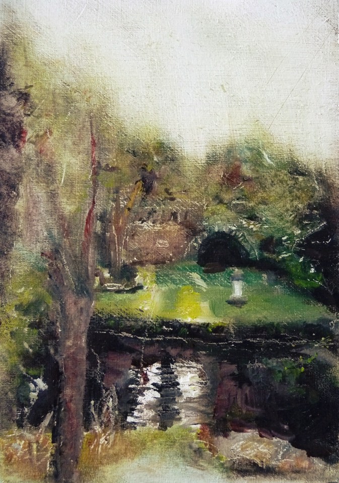 'Water of Leith. 9'. Oil on 7x5" wood. Rose Strang, May 2020.