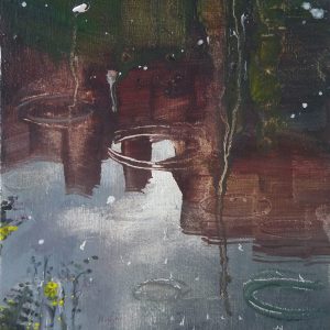 'Water of Leith. 10'. Oil on 7x5" wood. Rose Strang, May 2020. Unframed £250