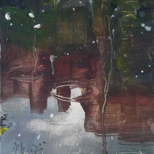 'Water of Leith. 10'. Oil on 7x5" wood. Rose Strang, May 2020. Unframed £250