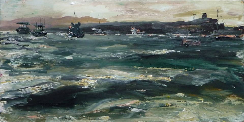 'Boats in Lindisfarne Harbour, Early Evening'. Oil on 19x10 inch wood panel. Rose Strang 2020