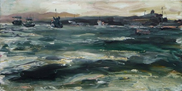 'Boats in Lindisfarne Harbour, Early Evening'. Oil on 19x10 inch wood panel. Rose Strang 2020