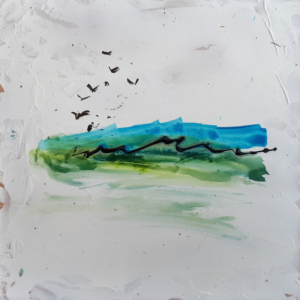 'Cerulean. Iona'. Mixed media on 10x 10 inch wood. Rose Strang 2018