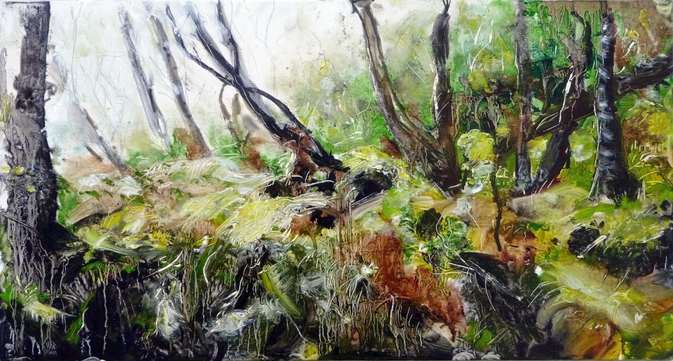 'Forest of Ardban'. Oil on 20 x 10 inch wood panel. Rose Strang 2020