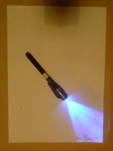 'This guy's not for burning'. UV pen, UV Torch on A4 paper. Rose Strang 2018