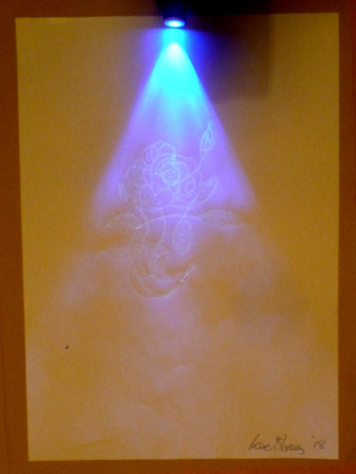 'This guy's not for burning'. UV pen, UV Torch on A4 paper. Rose Strang 2018