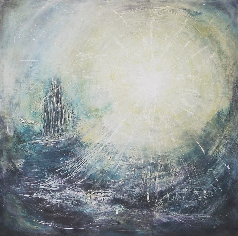 'Sol. Planets Series'. Mixed media on 30x30 inch wood. Rose Strang 2020