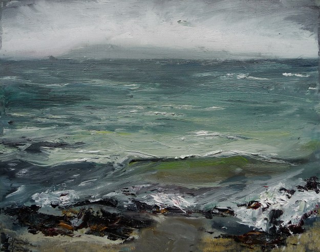 'Ardban. Green Sea'. Oil on 17x11" wood. Rose Strang 2020