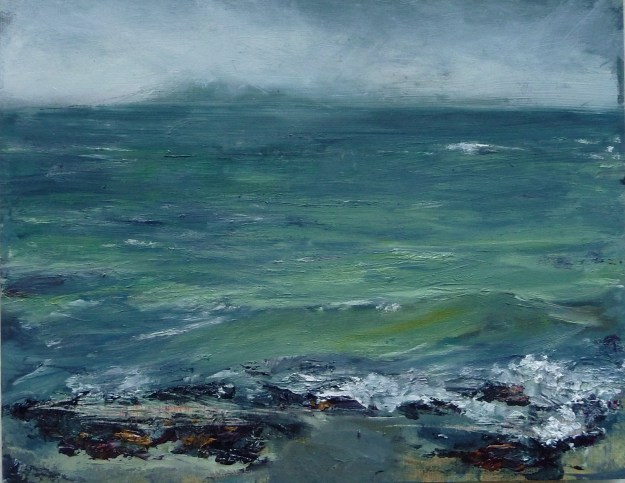 'Ardban,. Green Waves. Oil on14x11" wood. Rose Strang 2020