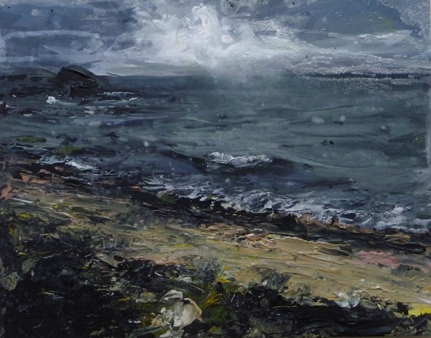 (In progress). Ardban Waves, Evening. Mixed media on 17x11" wood. Rose Strang 2020