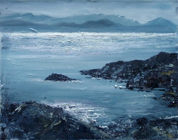 'Ardban. Sea Shimmer'. Oil on 14x11" wood. Rose Strang 2020
