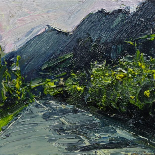 'Road. Kintail' Oil on 7x5" wood. Rose Strang 2020