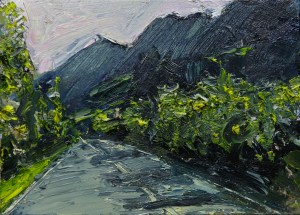 'Road. Kintail' Oil on 7x5" wood. Rose Strang 2020