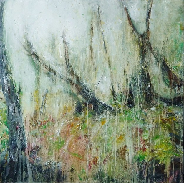'Ardban. Forest Rain'. Oil on 19 x 19" wood. Rse Strang 2020