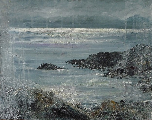'Ardban. Shimmering Sea'. Oil on 14x11" wood. Rose Strang 2020