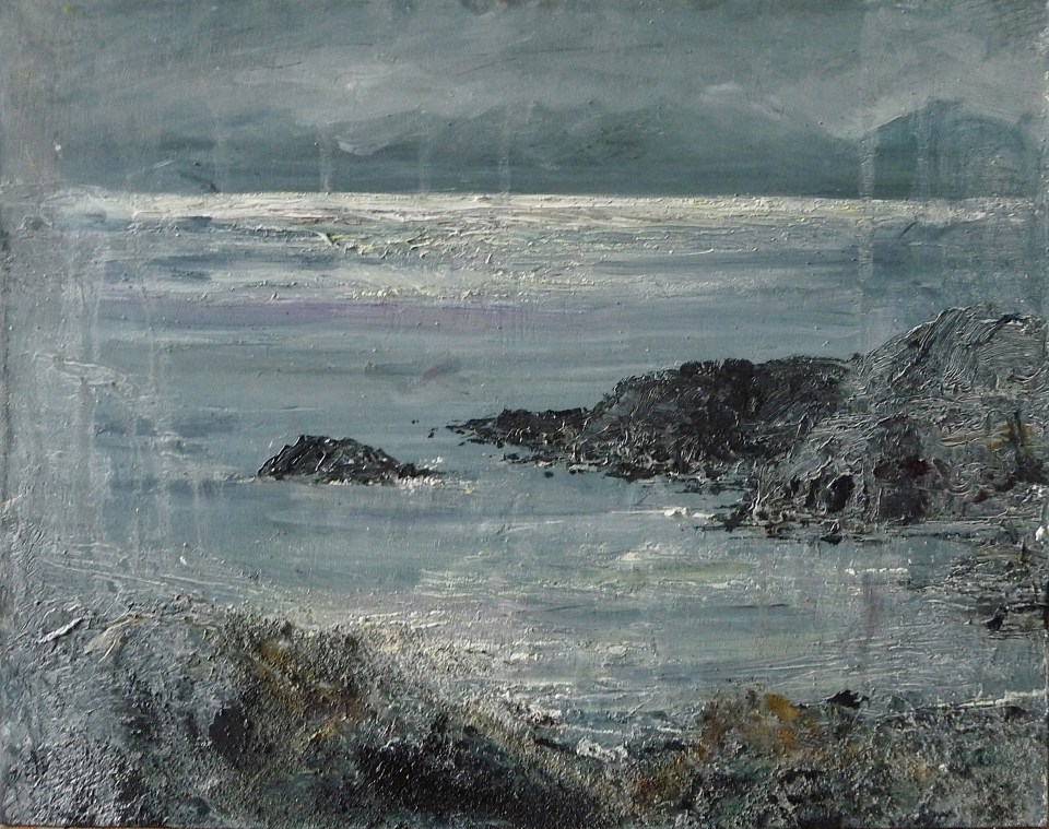 'Ardban. Shimmering Sea'. Oil on 14x11" wood. Rose Strang 2020