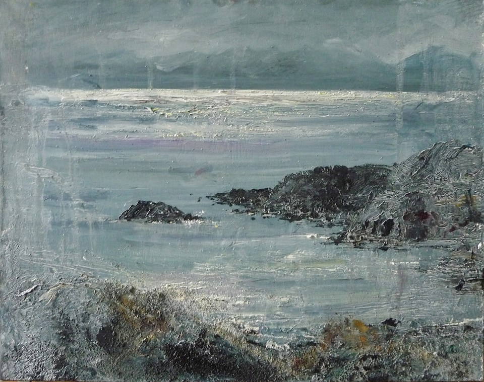 'Ardban. Shimmering Sea'. Oil on 14x11" wood. Rose Strang 2020