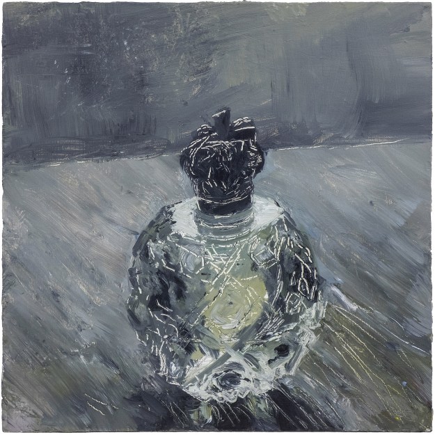 'Antique Perfume Bottle, Clear'. Oil on 13x13" wood. Rose Strang 2020