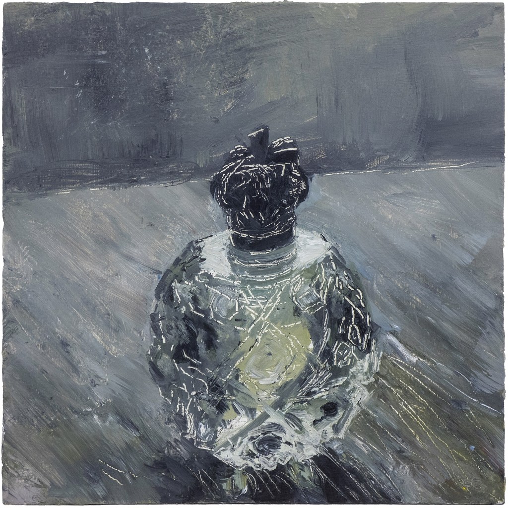 'Antique Perfume Bottle, Clear'. Oil on 13x13" wood. Rose Strang 2020