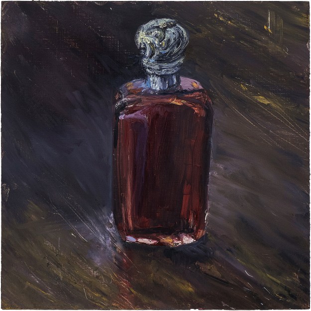 'Antique Perfume Bottle, Red'. Oil on 13x13" wood. Rose Strang 2020