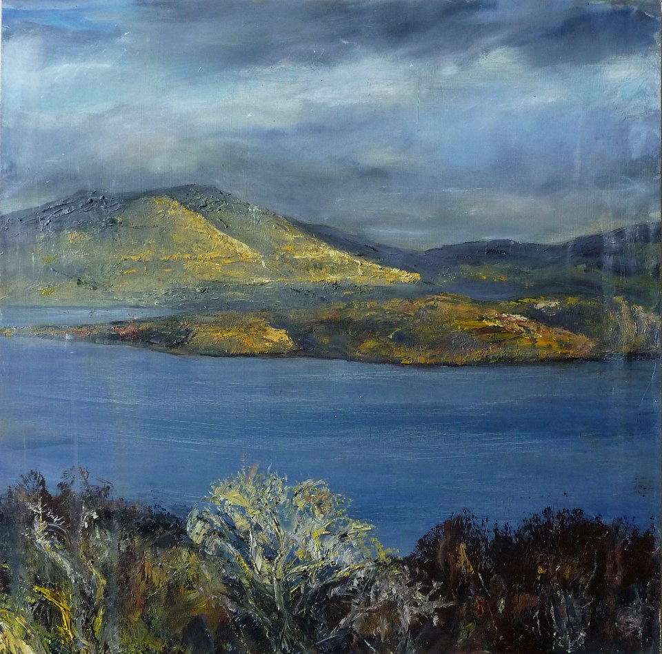 'Autumn Light Over Loch Na Keal'. Oil on 20x20 inch wood panel. Rose Strang 2021