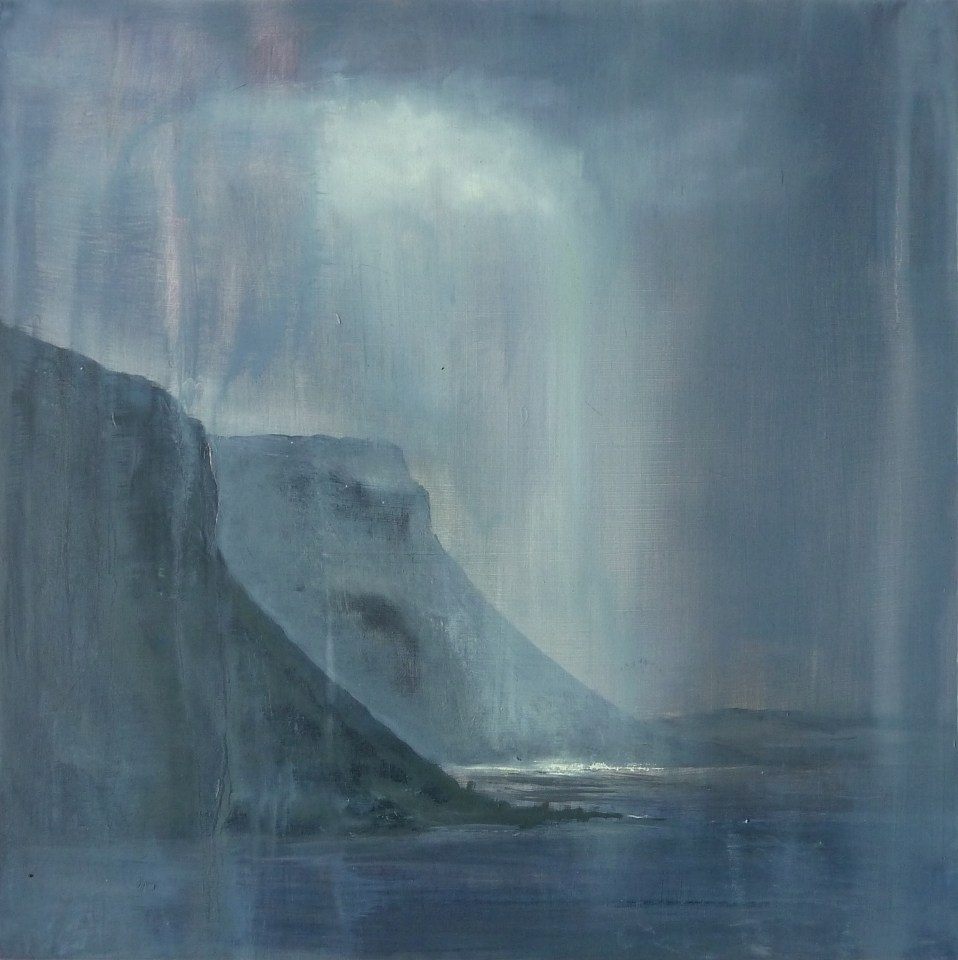 'Cliffs of Griburn, Loch na Keal. Mull'. Oil on 20x20 inch wood panel. Rose Strang 2021