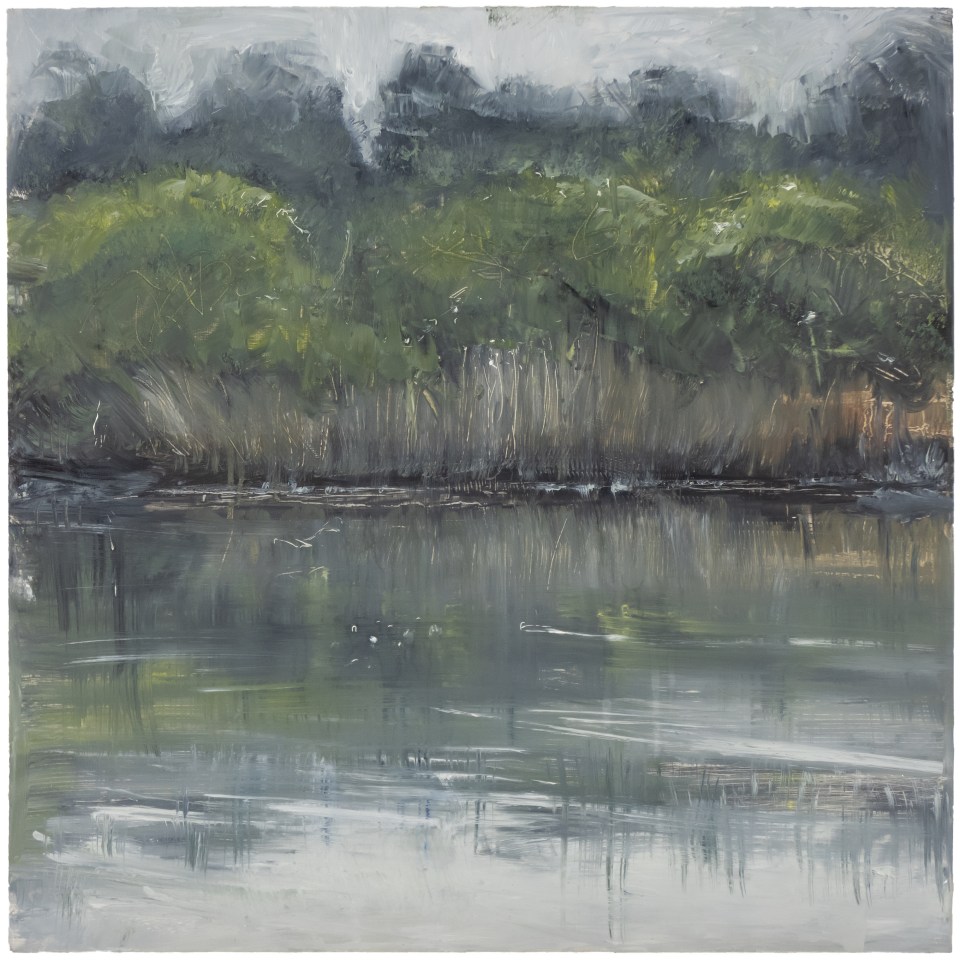 Sutton Hoo Series. River Bank, River Deben. Oil on 20×20 inch wood. Rose Strang 2021