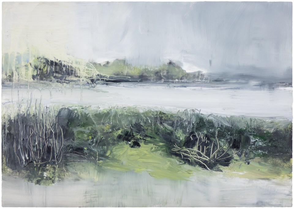 Sutton Hoo Series. River Deben. Oil on 16.5 x 23.4 inch wood. Rose Strang 2021