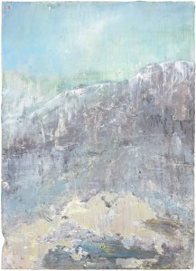 'It is Luminous without being fierce. The Living Mountain Series. Oil on on 37x27x2 cm antique pine. Rose Strang 2021