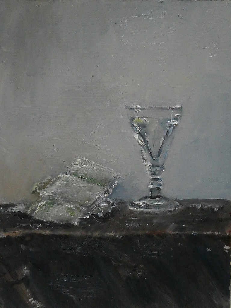 18th Century Toasting Glass with Scrap of Linen. Oil on 12x9" wood panel. Rose Strang 2025
