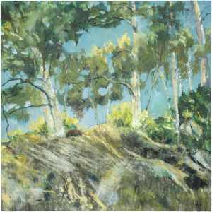 ‘Pine Trees, Silver Walk. Ardnamurchan. Oil on 47x47 inch canvas. Rose Strang 2022