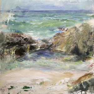 Bac Mor from Iona. Mixed media on 16x16" wood. Rose Strang 2026