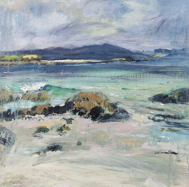 Eilean Annraidh from Iona. Mixed media on 16x16" wood. Rose Strang 2026.