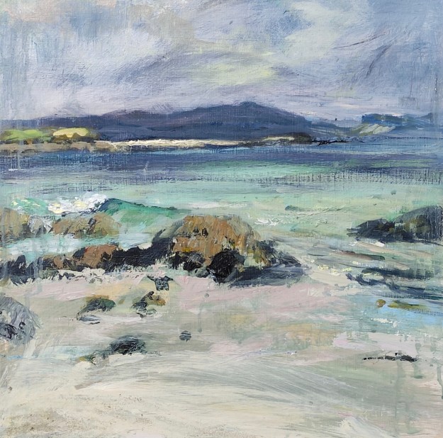 Eilean Annraidh from Iona. Mixed media on 16x16" wood. Rose Strang 2026.